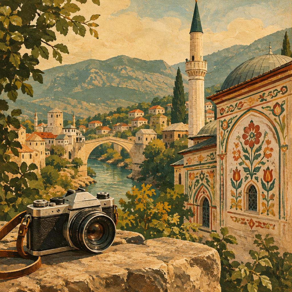 Ilustracija: stari fotoaparat i oslikana fasada (umjetnička interpretacija)