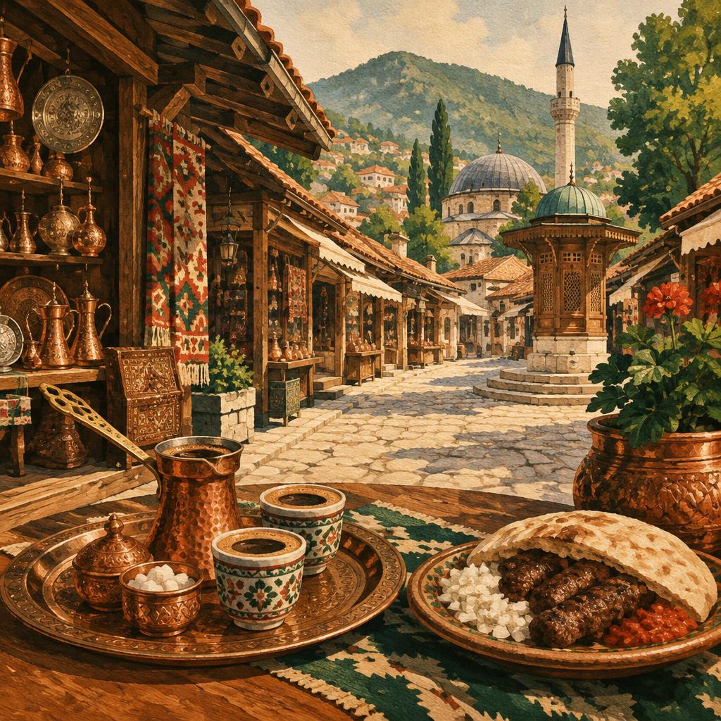 Ilustracija: bakrena džezva i šoljice u staroj čaršiji (umjetnička interpretacija)